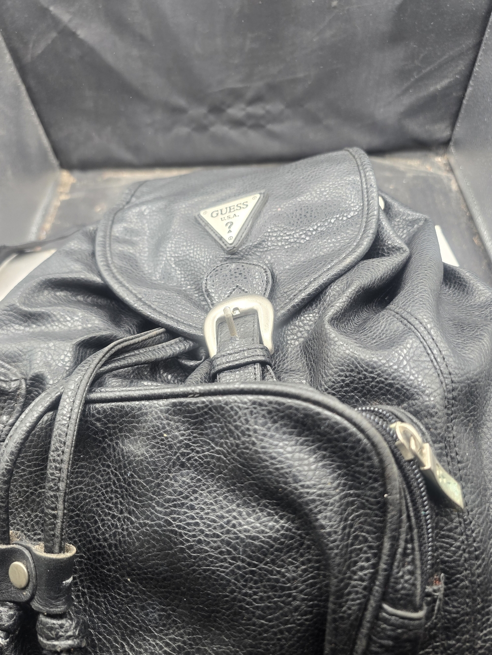 GUESS Black Leather Backpack - Textured Drawstring Rucksack